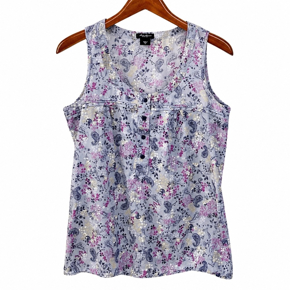 Eddie Bauer Womens Small Blue Paisley Floral Sleeveless Button Front Blouse Top